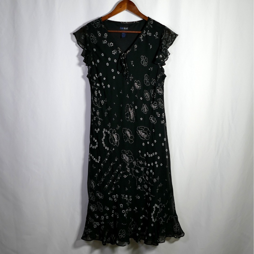 Vintage Eva Blue Y2K Fairy Grunge Whimsigoth Midi Dress Size 14 Beaded Floral